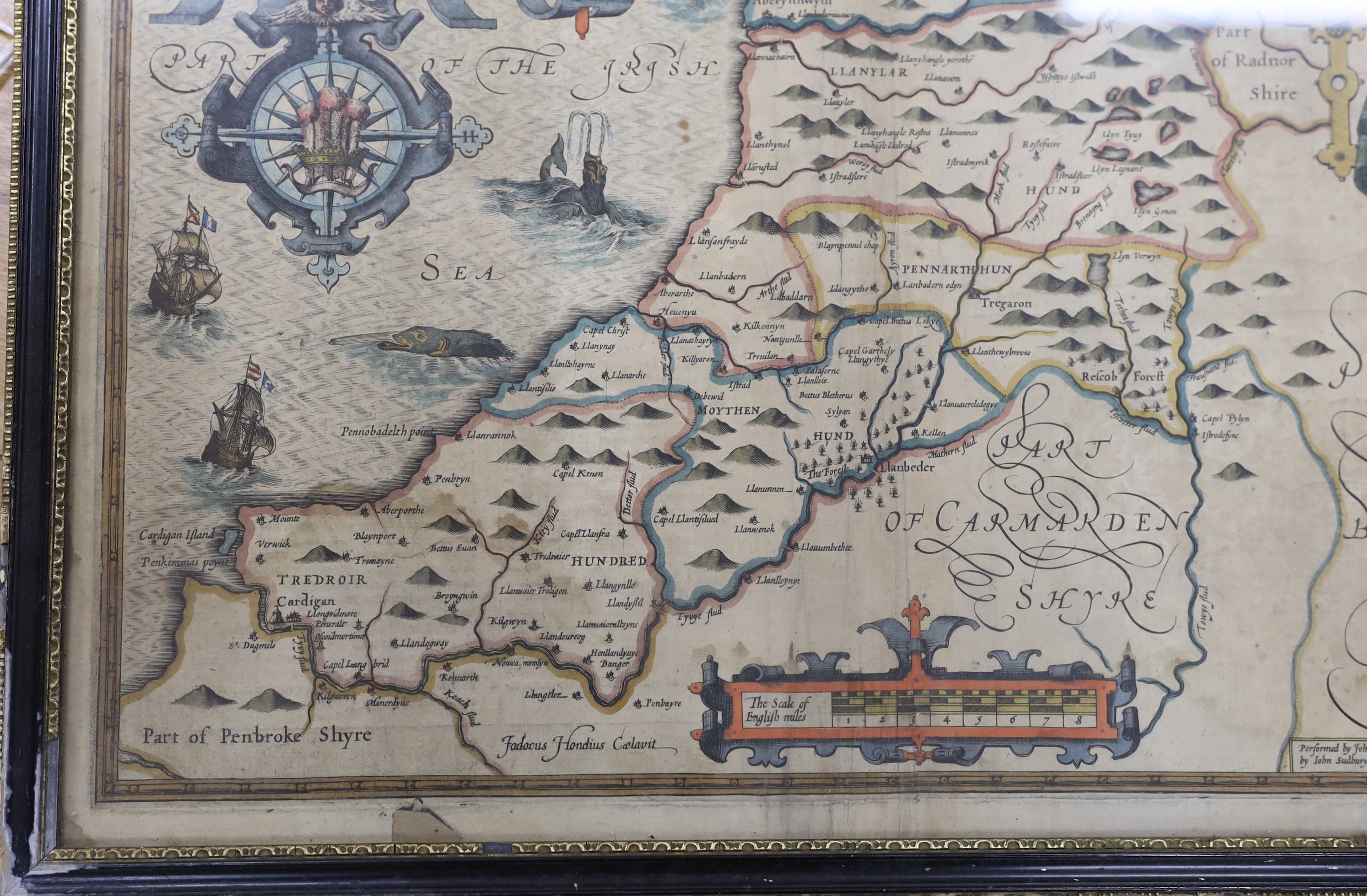 John Speed (1552-1629), hand coloured map of Cardiganshire, described with the due form of the Shiretown as it was surveyed by IS, Anno 1610, sold by John Sudbury and George Humbell, 41 x 52cm